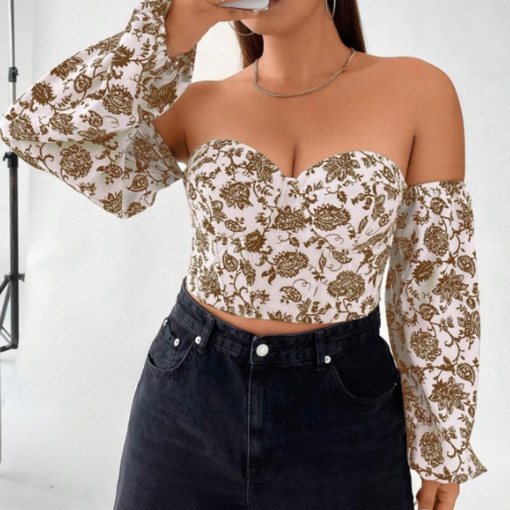 NWOT SHEIN Privé Floral Print Off Shoulder Flounce Sleeve Crop Top